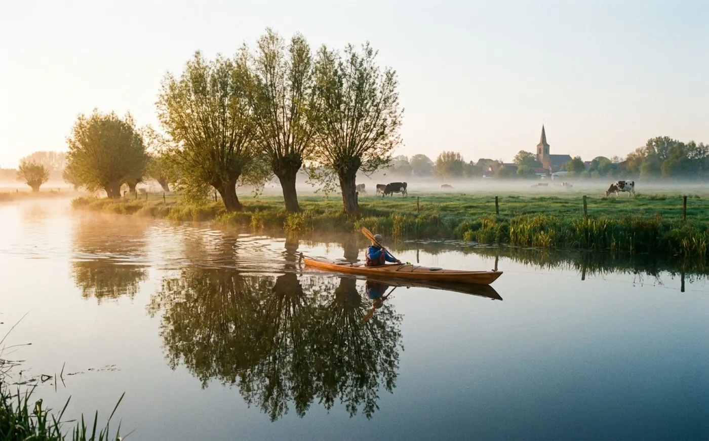 Kajakker op een kalme Vlaamse rivier bij avondlicht