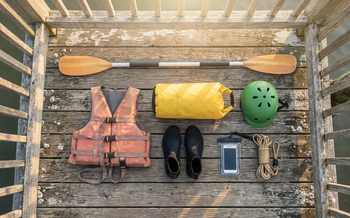 Kajakuitrusting uitgestald: peddel, zwemvest en drybag