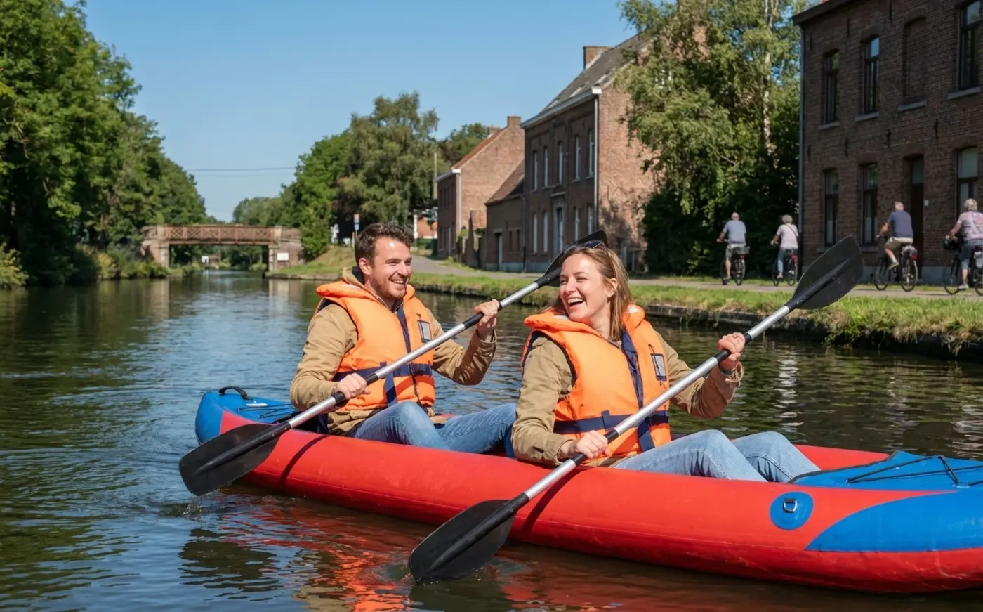 Twee vrienden in een opblaasbare kajak op een Vlaams kanaal