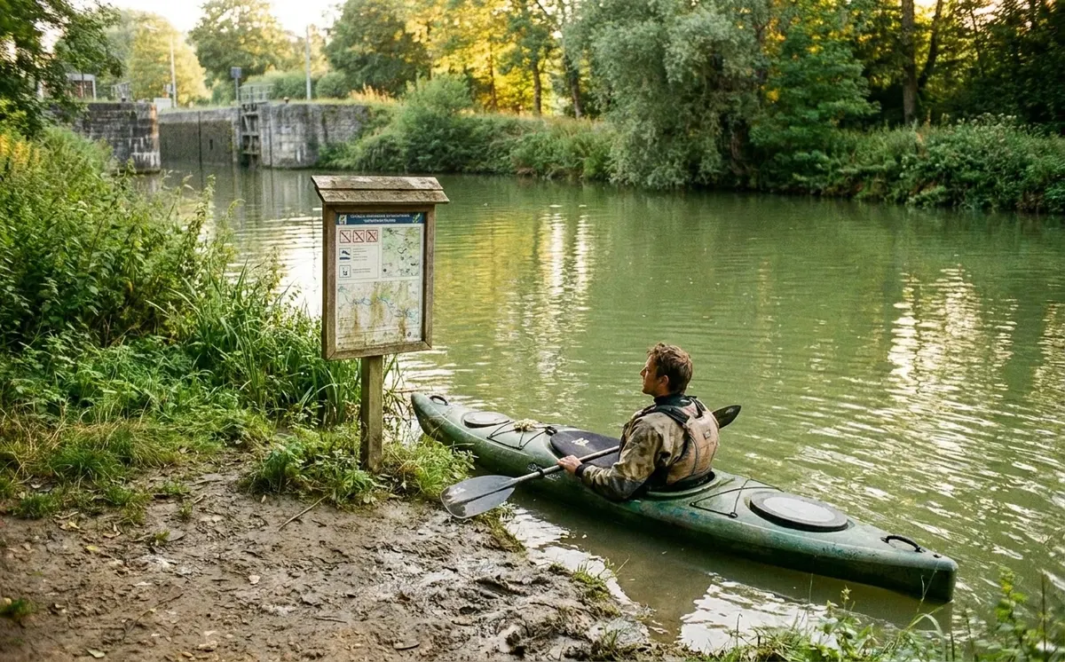 Kajakker passeert een informatiebord aan een Belgische rivier